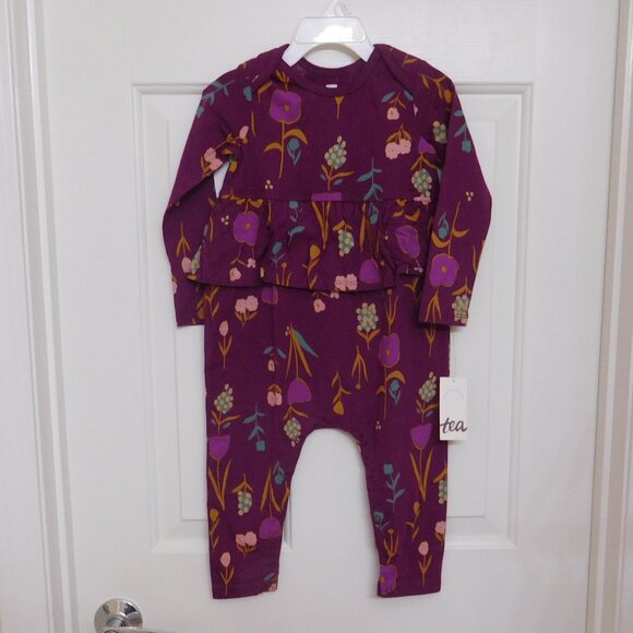 NWT Tea Collection Wine Floral Peplum Pants Romper sz 18-24 Months - Picture 1 of 1